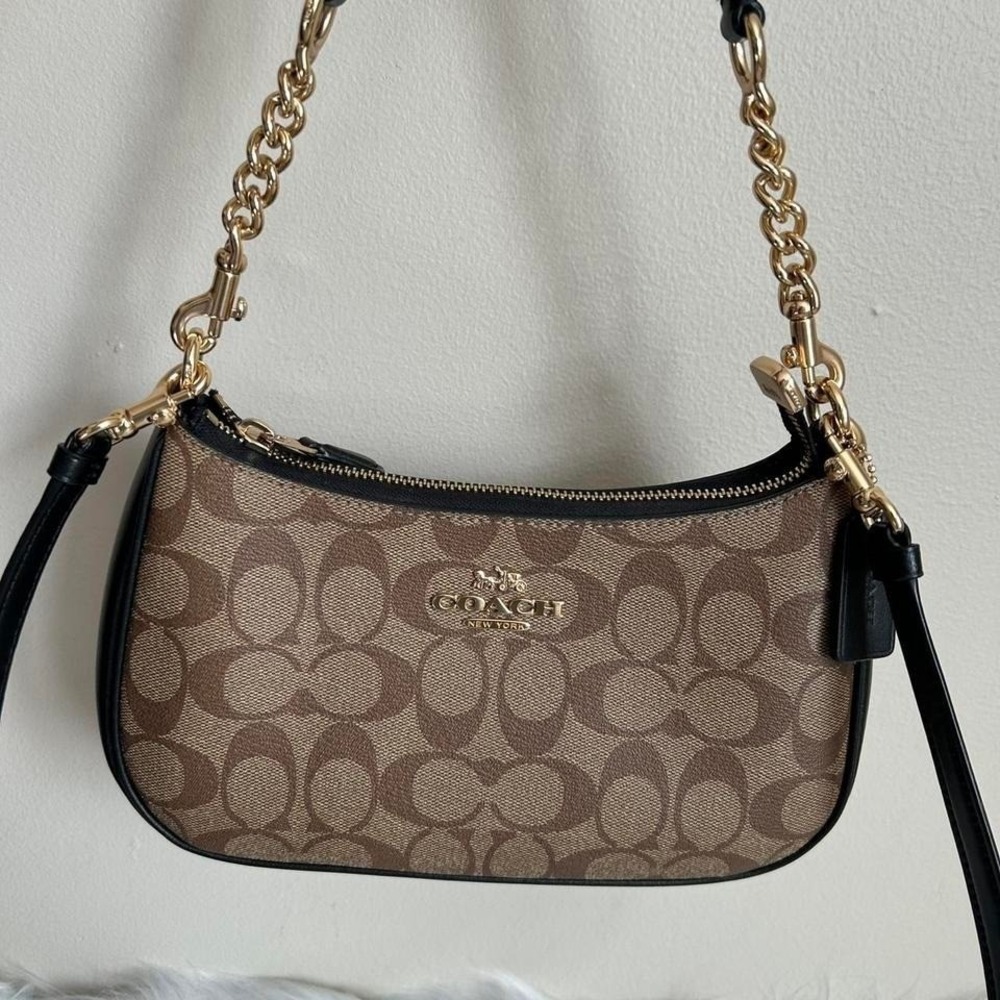 Coach Teri Hobo Khaki‎ Signature Canvas Leather Shoulder Bag Excellent